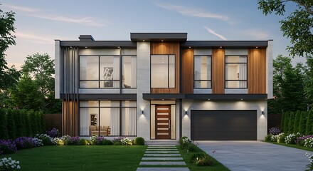 Obraz premium Modern Contemporary Home Exterior at Dusk, with Wood Accents and Lush Landscaping