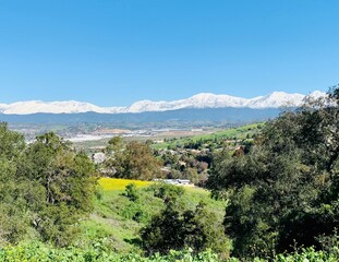 Nature's masterpiece - snow - capped mountains meet rolling green hills under a crystal clear blue sky.