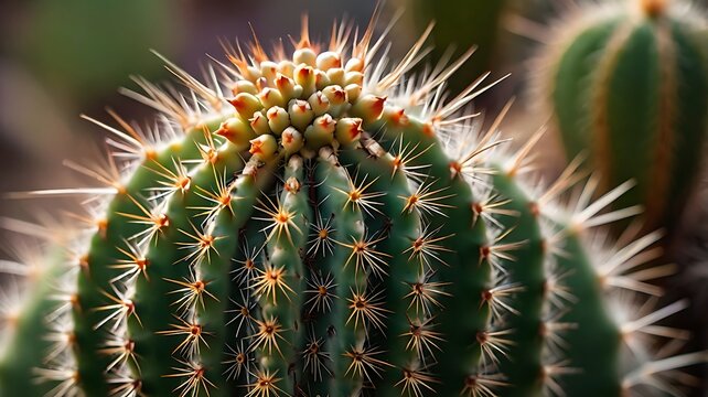 Close up view of a green cactus with sharp thorns and detailed texture in a natural setting