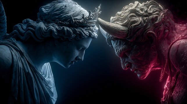 Angel and demon statues face off, symbolizing a cosmic conflict of good versus evil.