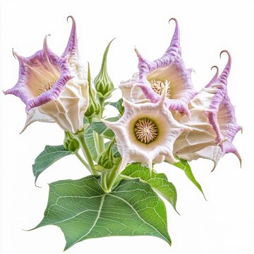 datura stramonium thorn apple plant large trumpetshaped white or purple flowers with spiny seed pods isolated on white transparent background