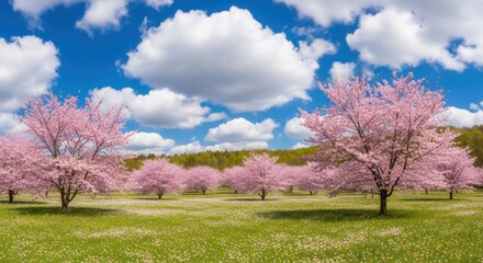 Obraz premium Beautiful orchard in bloom during springtime with a clear blue sky and fluffy white clouds