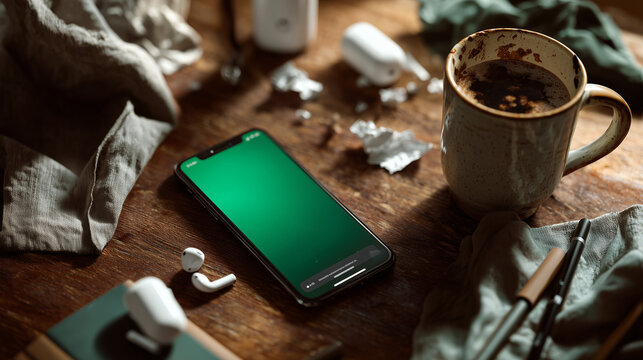 Smartphone with Green Screen on a Messy Wooden Desk