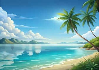 Serene tropical beach with clear turquoise water and lush green palm trees under a blue sky