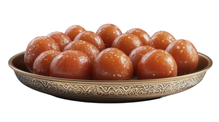 Golden gulab jamun glistening with sugary goodness on a decorative plate ready to enjoy on transparent background