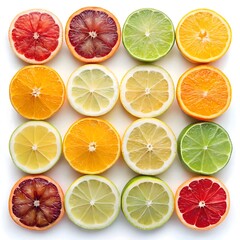Fototapeta premium Twelve citrus slices arranged in a 3x4 grid on white. Bright lighting highlights grapefruit, lemon, lime, orange, and grape wedges. Clean, colorful, and perfect for healthy or food-themed visuals.