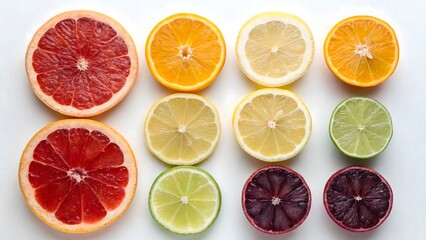 Obraz premium Twelve citrus slices arranged in a 3x4 grid on white. Bright lighting highlights grapefruit, lemon, lime, orange, and grape wedges. Clean, colorful, and perfect for healthy or food-themed visuals.