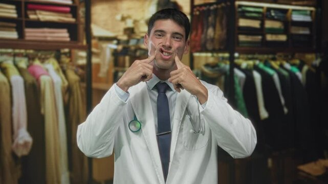 Man doctor wearing white coat and stethoscope presses cheeks surrounded by clothing racks in retail building; humor.
