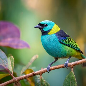 exotic tanager perched on a branch on vibrant plumage jungle foliage backdrop