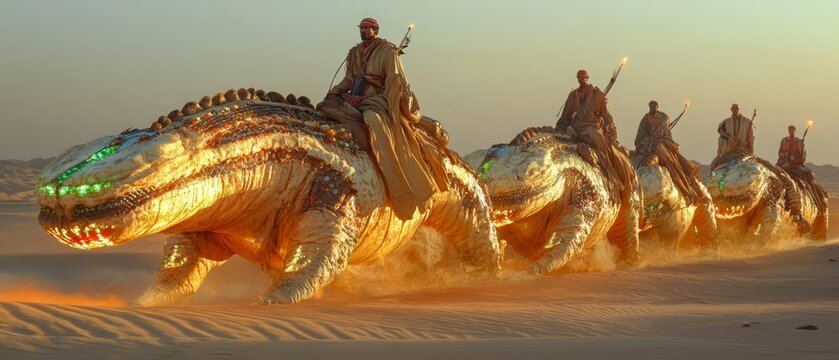 Desert nomads riding sandworms with symbiotic algae glowing under their scales