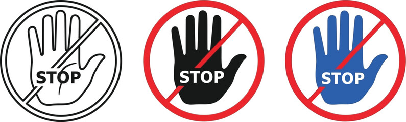 Three stop sign graphics with a hand and red circle on a white background image