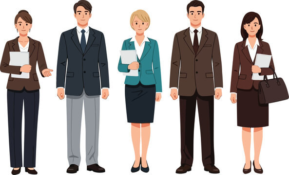 Group of five cartoon business people standing in formal attire on white background