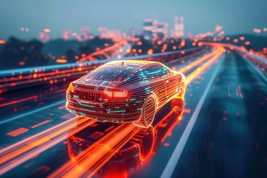 driverless car swerving into glowing malware code on circuits dystopian highway .