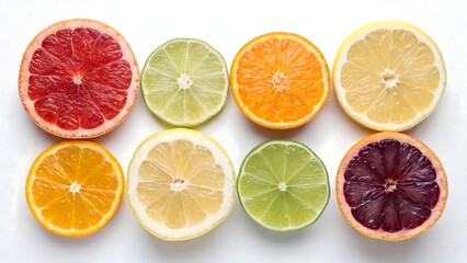 Twelve citrus slices arranged in a 3x4 grid on white. Bright lighting highlights grapefruit, lemon, lime, orange, and grape wedges. Clean, colorful, and perfect for healthy or food-themed visuals.