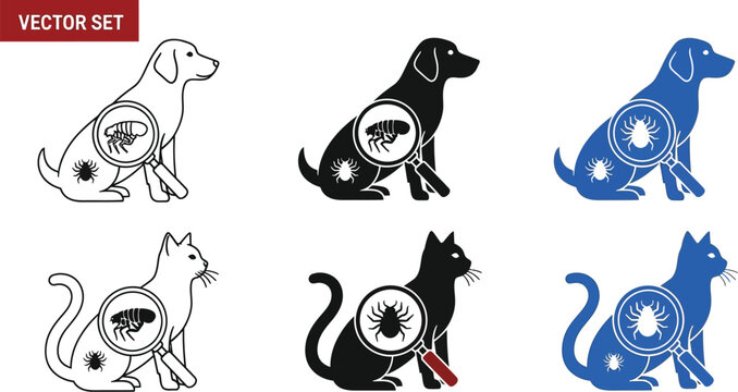 Vector set showing dogs and cats with fleas and ticks under a magnifying glass