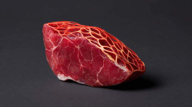  close-up of a raw, marbled piece of red meat with visible fat veins on a black surface.