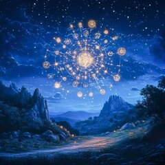 Fototapeta premium Arcane Constellation A constellation of ancient symbols glowing against a surreal night sky symbolic and majestic