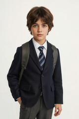 Stylish Schoolboy in Formal Uniform with Backpack Isolated on White Background

