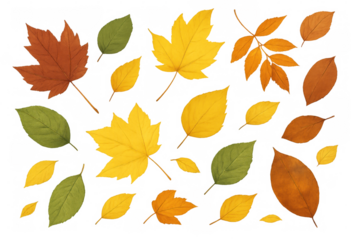 Colorful autumn leaves softly drifting, cascading against transparent backdrop with warm seasonal palette