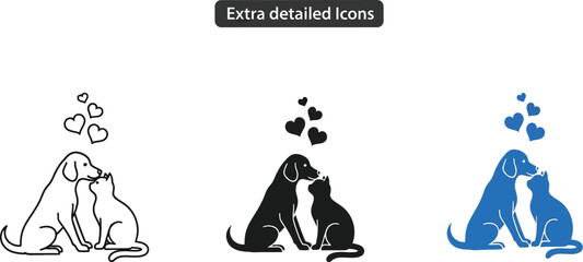 Three illustrations of a dog and cat with hearts in different color schemes