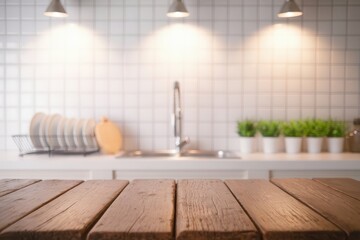 Rustic wooden table surface set against a bright and warm kitchen setting