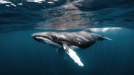 Humpback Whale Drifting Serenely Beneath Ocean's Rippling Surface Reflecting Light