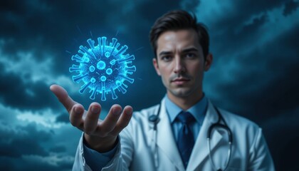 Medical researcher holding a simulated virus, showcasing virology advancements