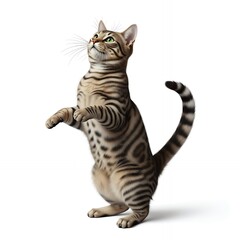 Curious Mackerel Tabby Cat Standing on Hind Legs, Isolated on White Background