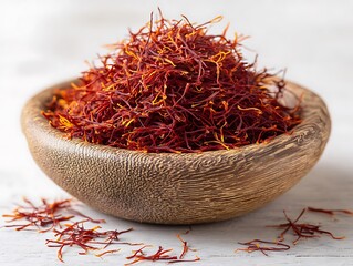 Fototapeta premium Saffron in a bowl with red hot chili peppers and chili pepper