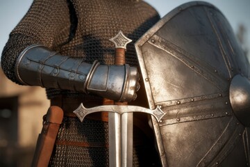 Medieval Knight with Armor, Shield, and Sword Preparing for the Challenge