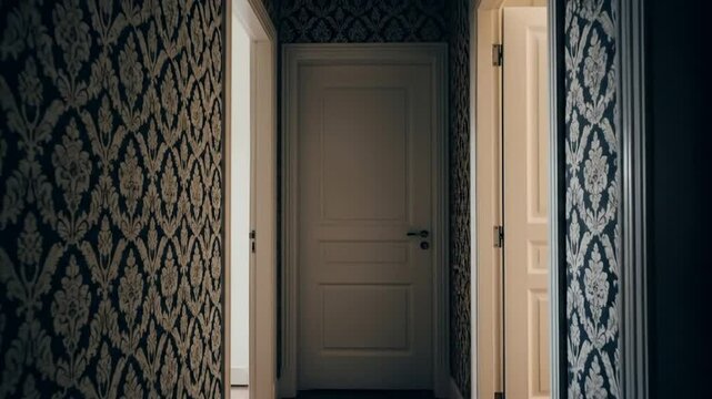 Dark hallway with damask wallpaper and doors