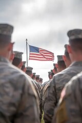 Patriotism and Unity: A Line of Armed Forces Soldiers Under American Flag