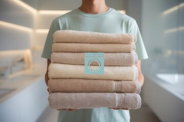 Stack of luxurious folded towels in neutral colors held in a bright bathroom