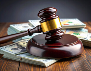 A wooden table with a gavel on top of it and a pile of money