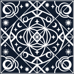 seamless Symmetrical geometric pattern with runes and celestial motifs pattern with clear lines.