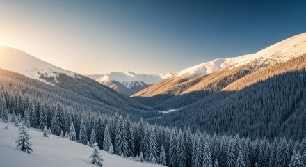 Majestic Snowy Mountain Valley Illuminated by Golden Sunrise