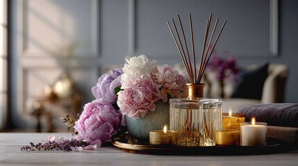 Colorful Aromatherapy Setup with Reed Diffuser, Candles, and Fresh Flowers