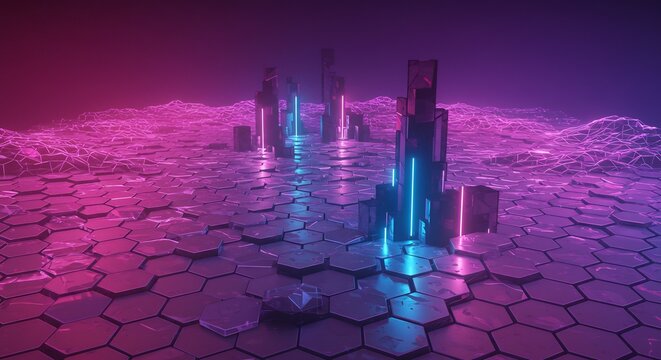 Neon-Lit Hexagonal Cityscape: Futuristic Cyberpunk 3D Render