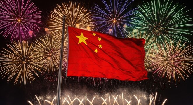 Chinese flag flies proudly amidst vibrant fireworks celebration