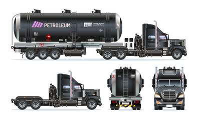 Semi trailer truck petroleum liquid oil tanker heavy cargo industries 3D model view from various angles vector set illustration