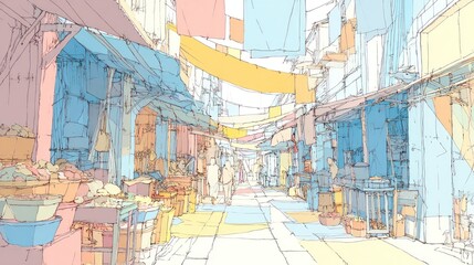 Obraz premium Colorful, bustling marketplace alleyway