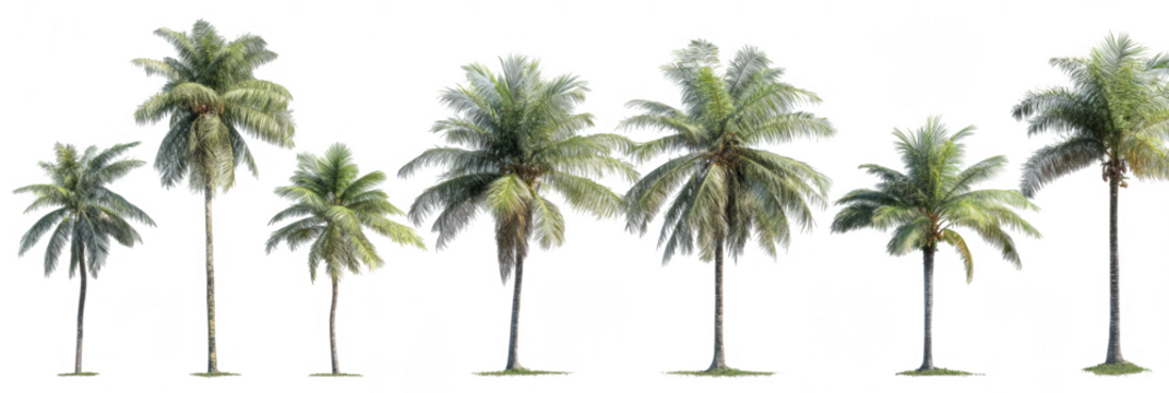 A set of multiple isolated coconut palm trees against a white background, png, transparent - Powered by Adobe