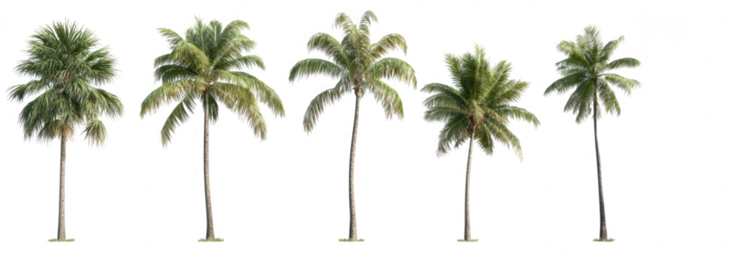 A set of multiple isolated coconut palm trees against a white background, png, transparent - Powered by Adobe