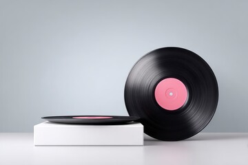 Two black vinyl records with pink labels displayed on a white pedestal against a neutral background