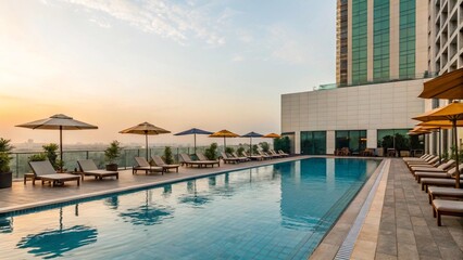 Fototapeta premium Outdoor swimming pool at modern hotel, lounge chairs, sun umbrellas