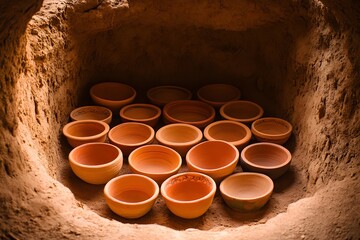 Cultural pottery arranged in concentric circles inside a small earthen gallery 