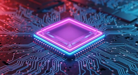 A glowing neonlit central processor unit sits at the heart of a complex circuit board, symbolizing advanced technology and digital connectivity