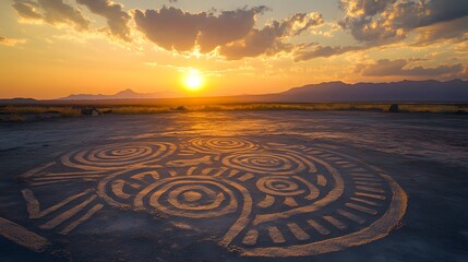 Cultural storytelling using sand drawings on the ground at sunset 