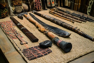 Cultural tools and weapons lined on woven mats for a heritage display 