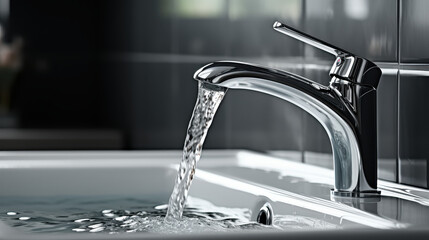 Chrome Water Faucet with Running Water Stream, Isolated
